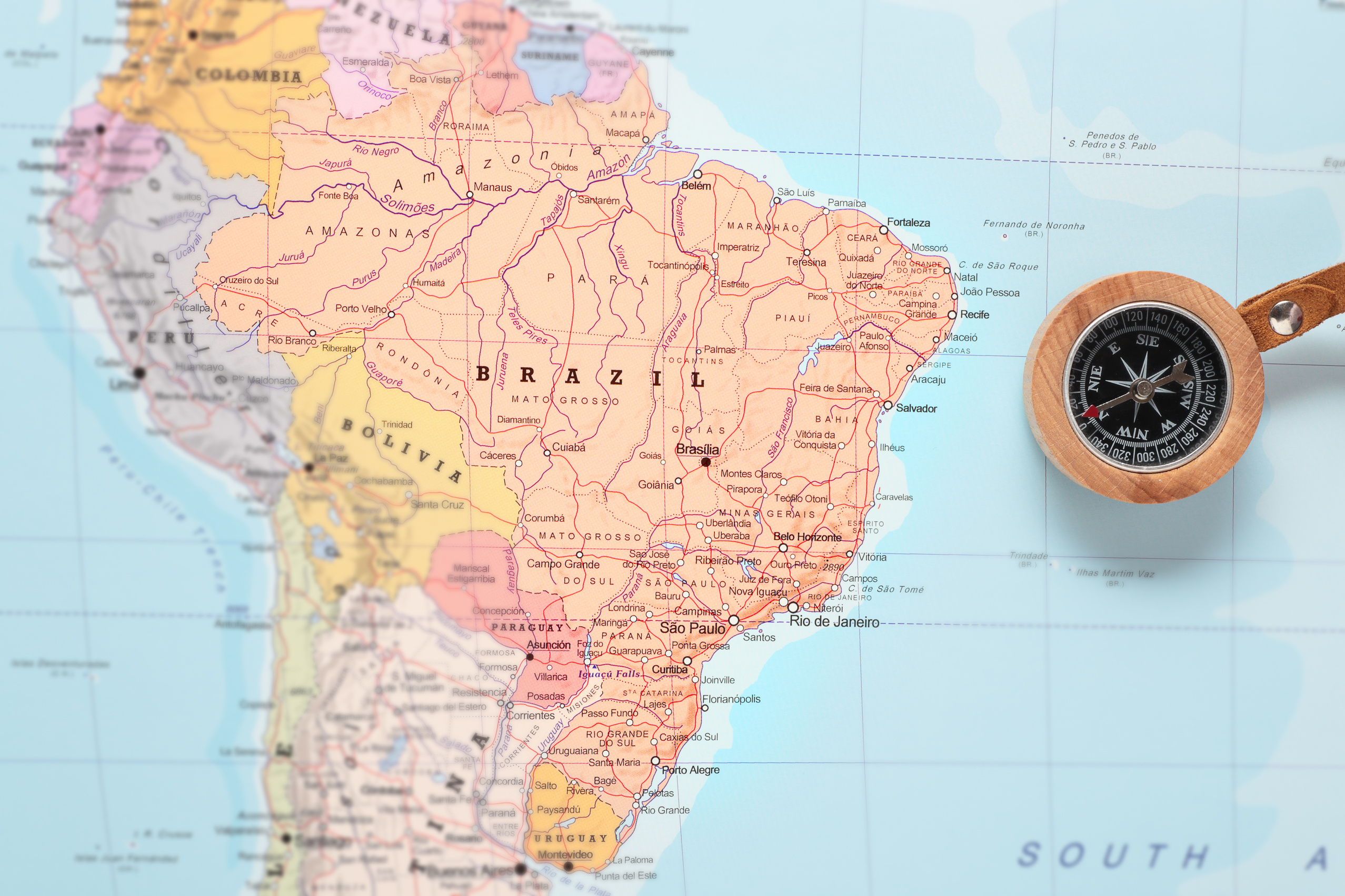 Travel destination Brazil, map with compass